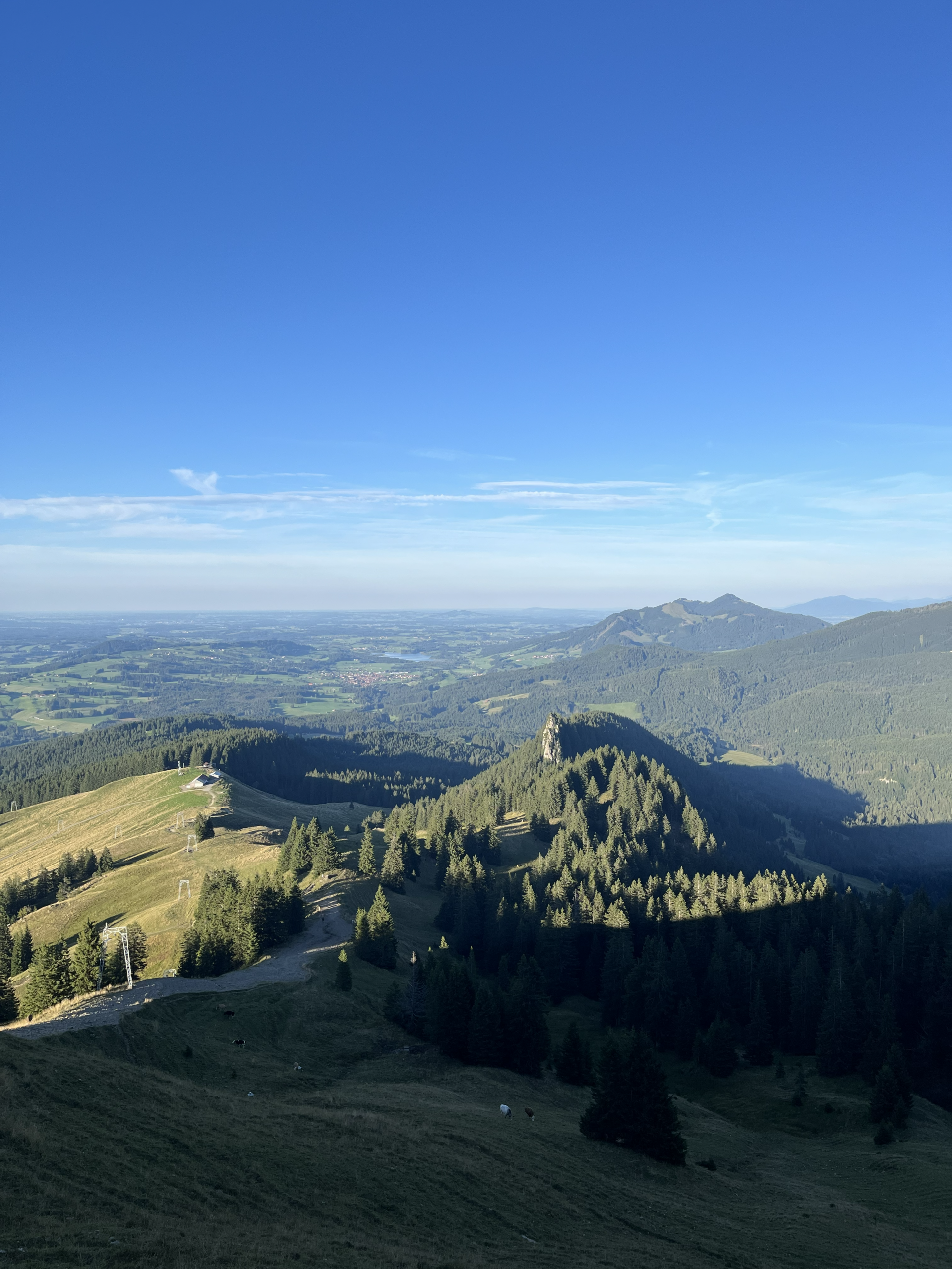 Blick vom Grünten Richtung Grüntenhütte, Gigglstein, Grüntensee und Reuterwann; weitläufige Allgäuer Almhänge und Bergkamm unter klarem Himmel – fotografiert von Bergkompass Bergwanderführer Pascal Schirmer